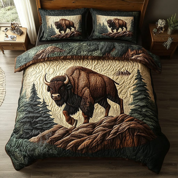Rugged Spirit quilted 3-piece bedding set on a made bed with two matching pillow shams