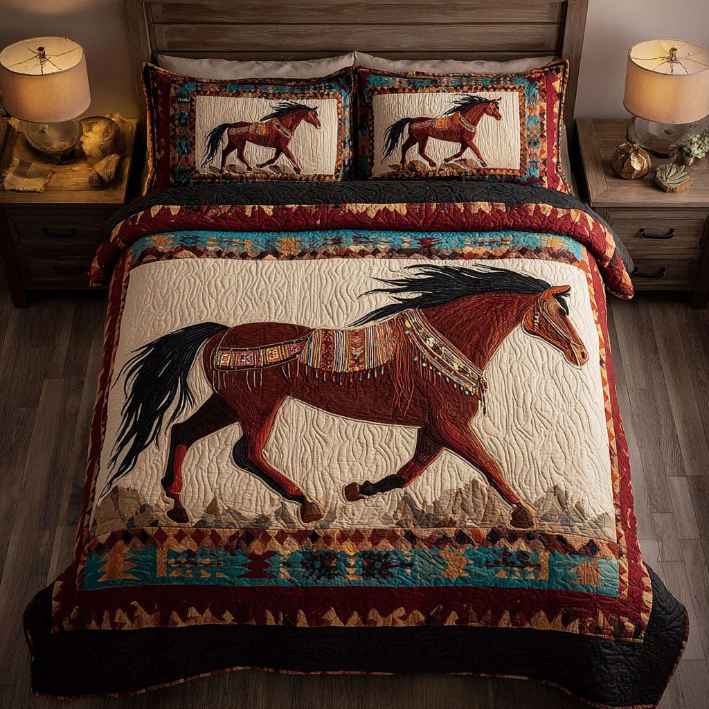 Running Free quilted 3-piece bedding set on a made bed with two matching pillow shams