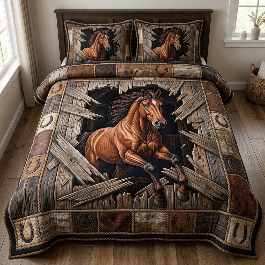 Running Horse quilted 3-piece bedding set on a made bed in a rustic timber bedroom