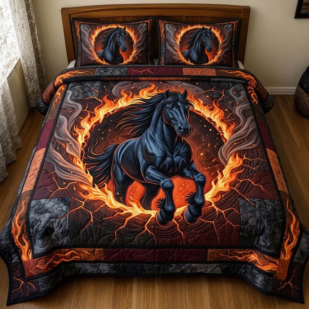 Running Horse quilted 3-piece bedding set on a made bed in a rustic timber bedroom