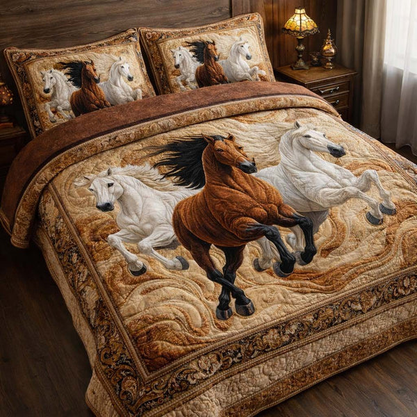 Running Stallions quilted 3-piece bedding set on a made bed in a rustic timber bedroom