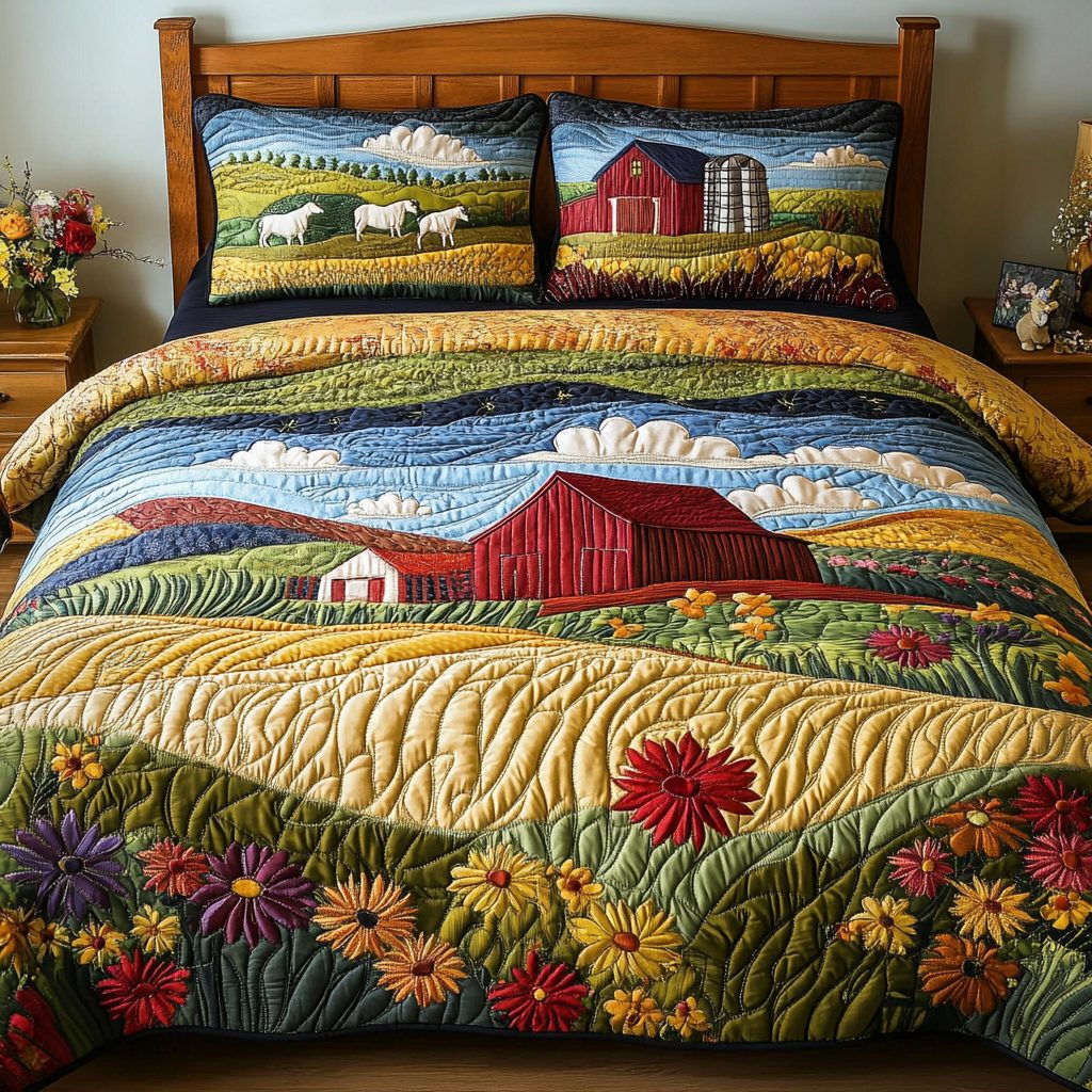 Rural Charm quilted 3-piece bedding set on a made bed with two matching pillow shams