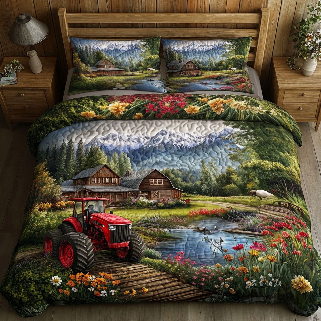 Rural Charm quilted 3-piece bedding set on a made bed with two matching pillow shams