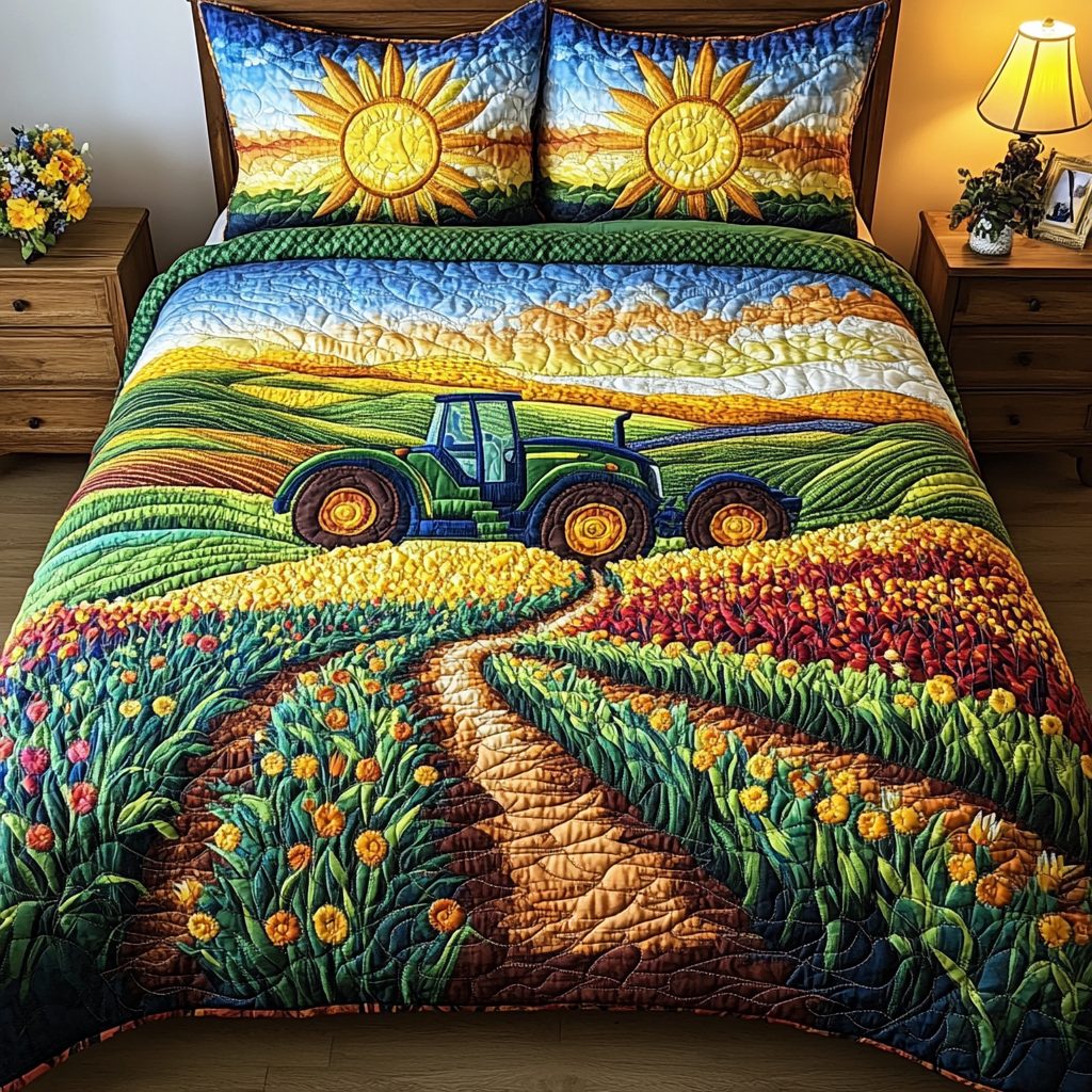 Rural Paradise quilted 3-piece bedding set on a made bed with two matching pillow shams