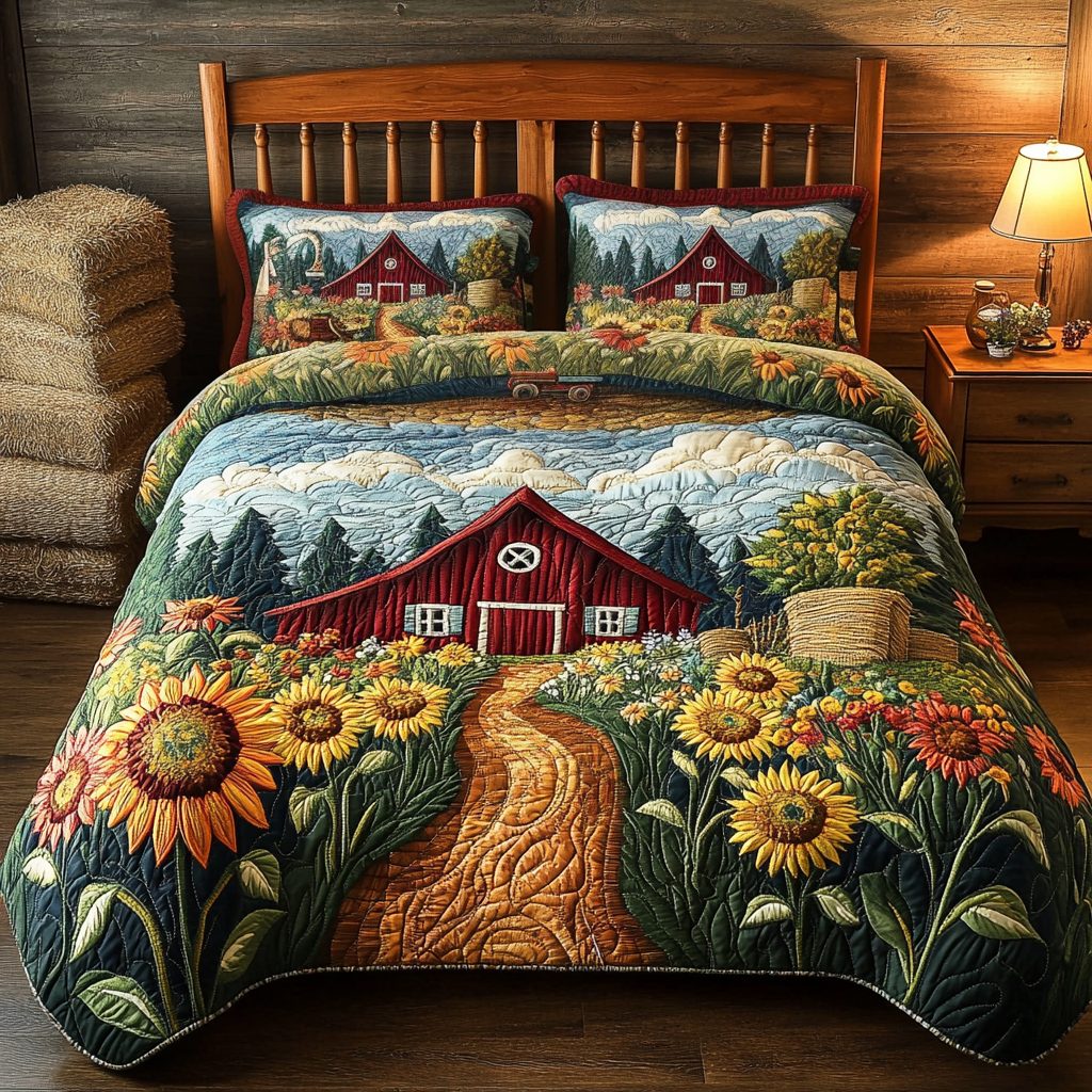 Rural Serenity quilted 3-piece bedding set on a made bed with two matching pillow shams
