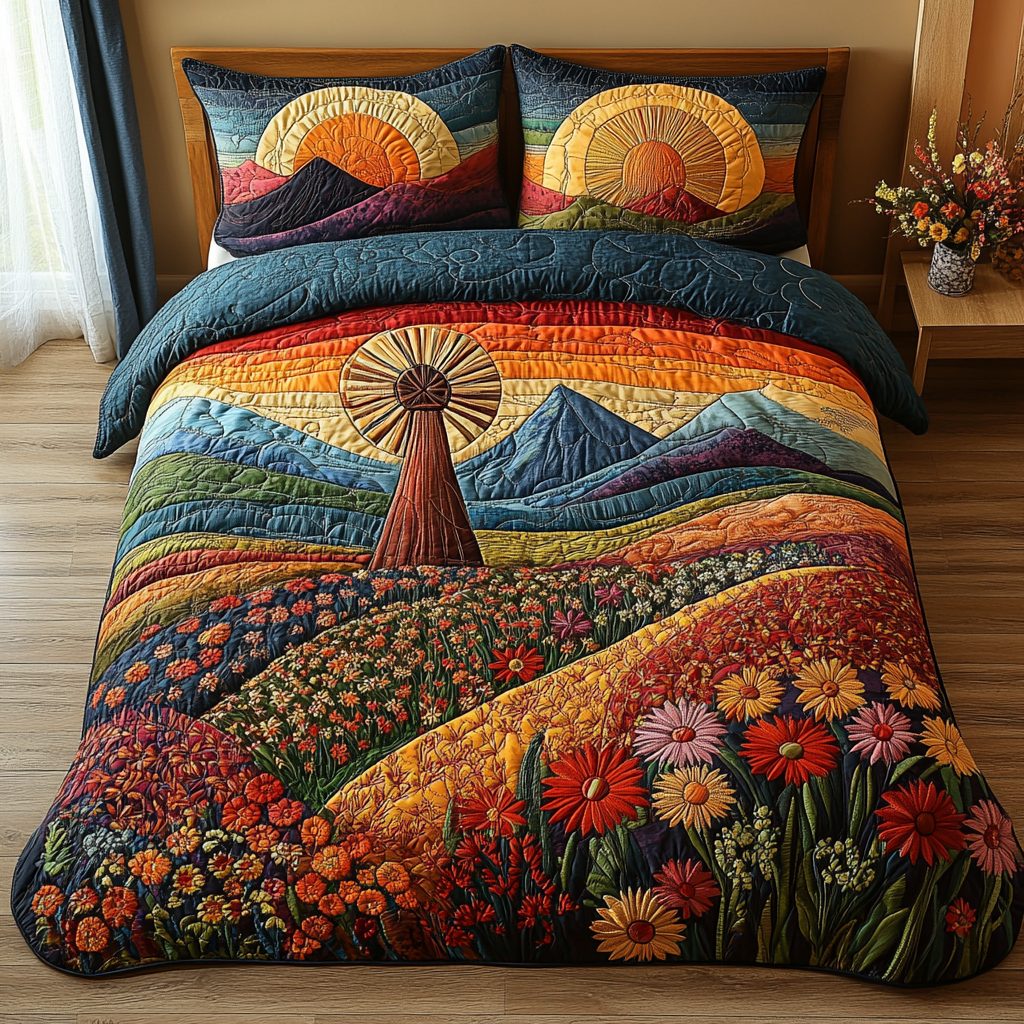 Rural Tranquility quilted 3-piece bedding set on a made bed with two matching pillow shams