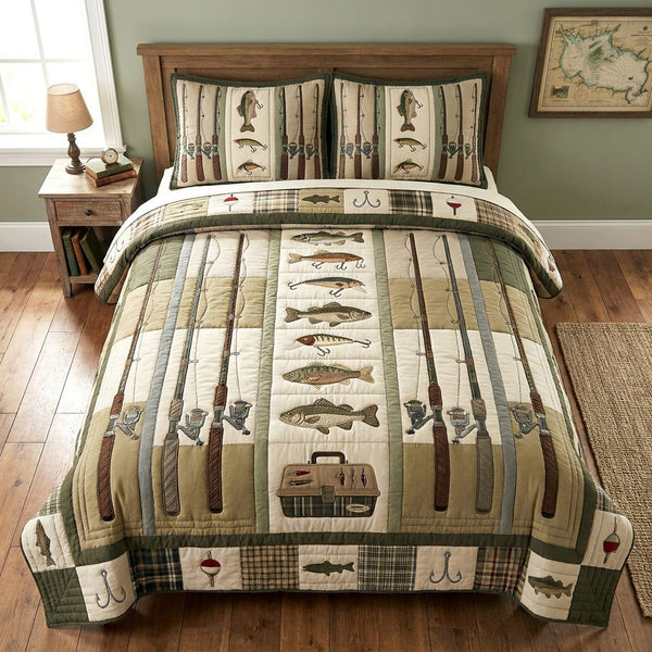 Rustic Angler quilted 3-piece bedding set on a made bed in a farmhouse bedroom