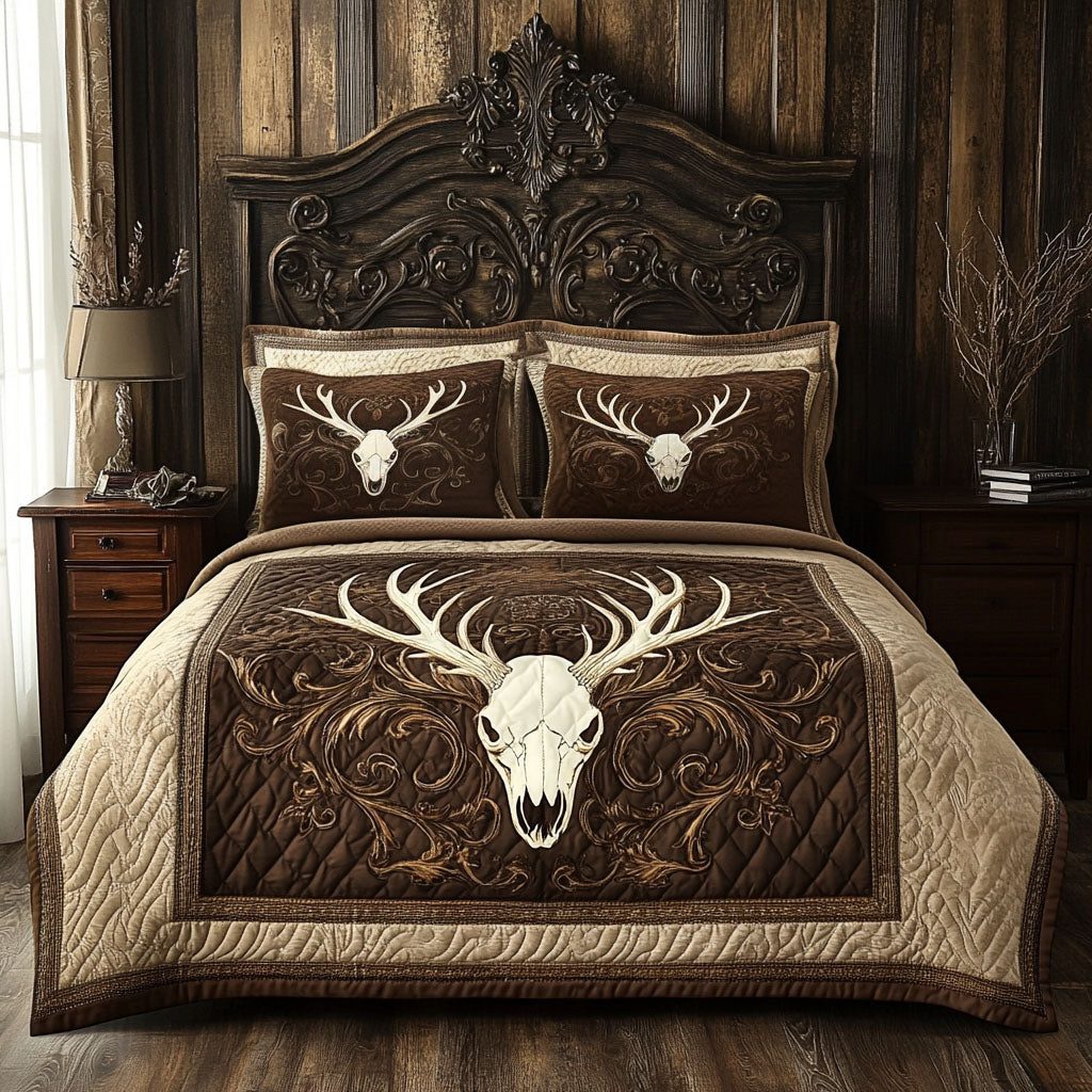 Rustic Antler Crest quilted 3-piece bedding set on a made bed in a farmhouse bedroom