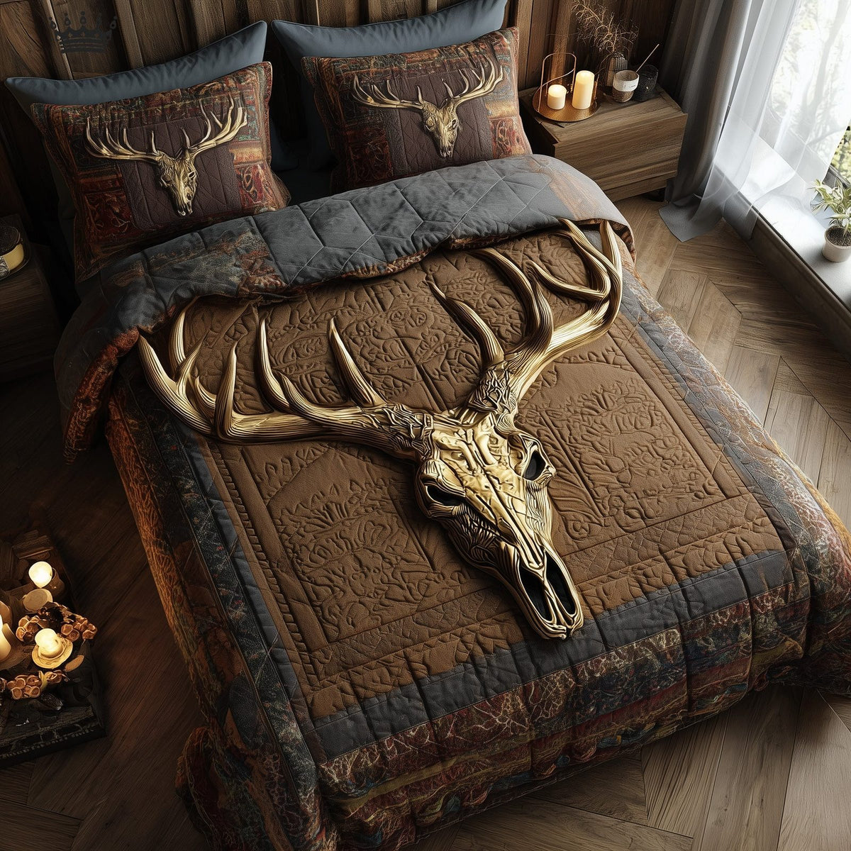 Rustic Antler quilted 3-piece bedding set on a made bed in a farmhouse bedroom