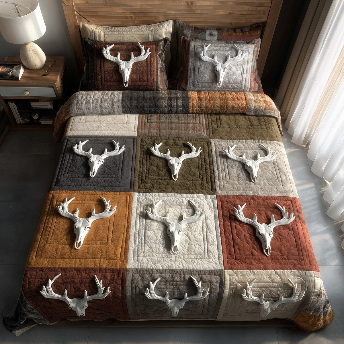 Rustic Antler quilted 3-piece bedding set on a made bed in a farmhouse bedroom
