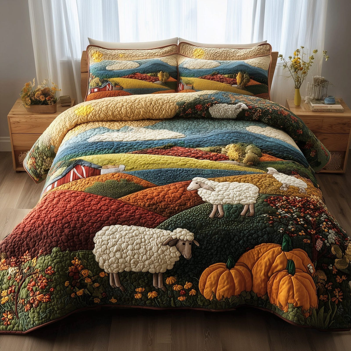 Rustic Autumn quilted 3-piece bedding set on a made bed in a farmhouse bedroom