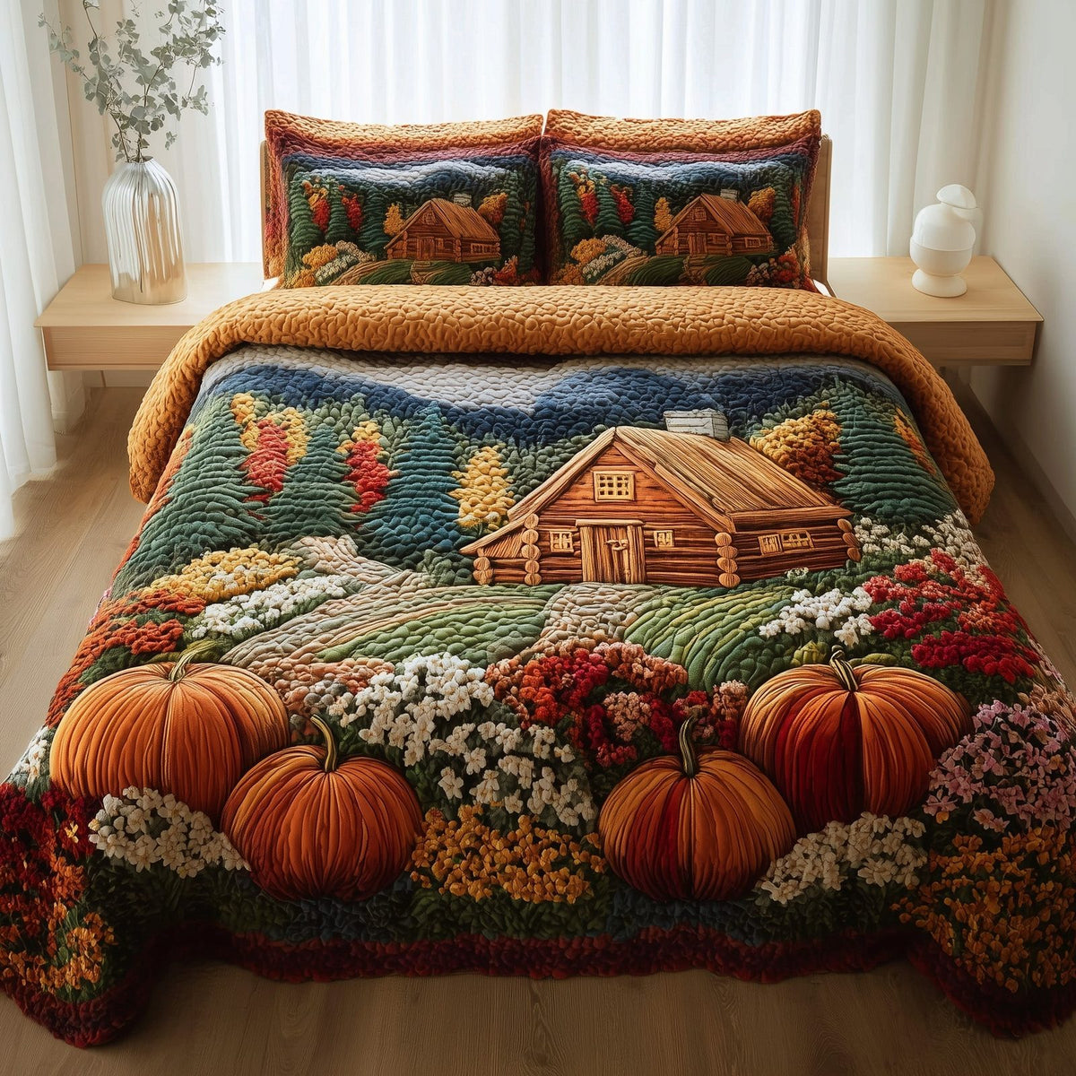 Rustic Autumn quilted 3-piece bedding set on a made bed in a farmhouse bedroom