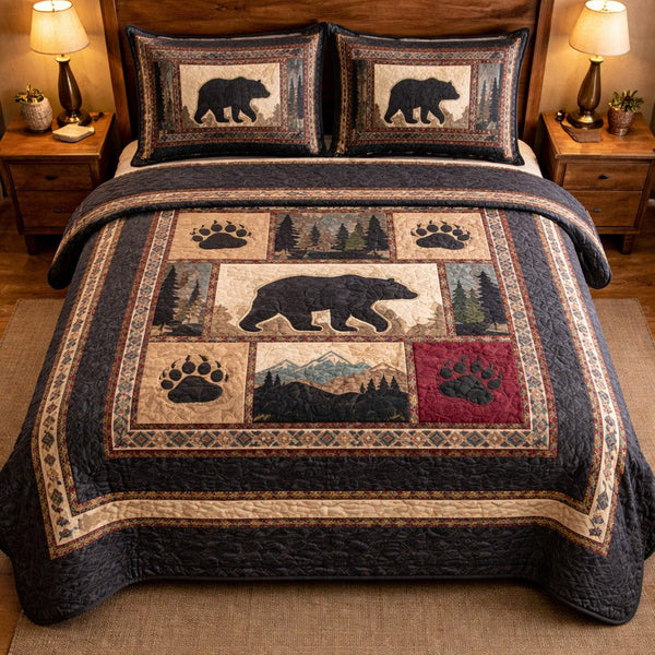 Rustic Bear Lodge quilted 3-piece bedding set on a made bed in a farmhouse bedroom