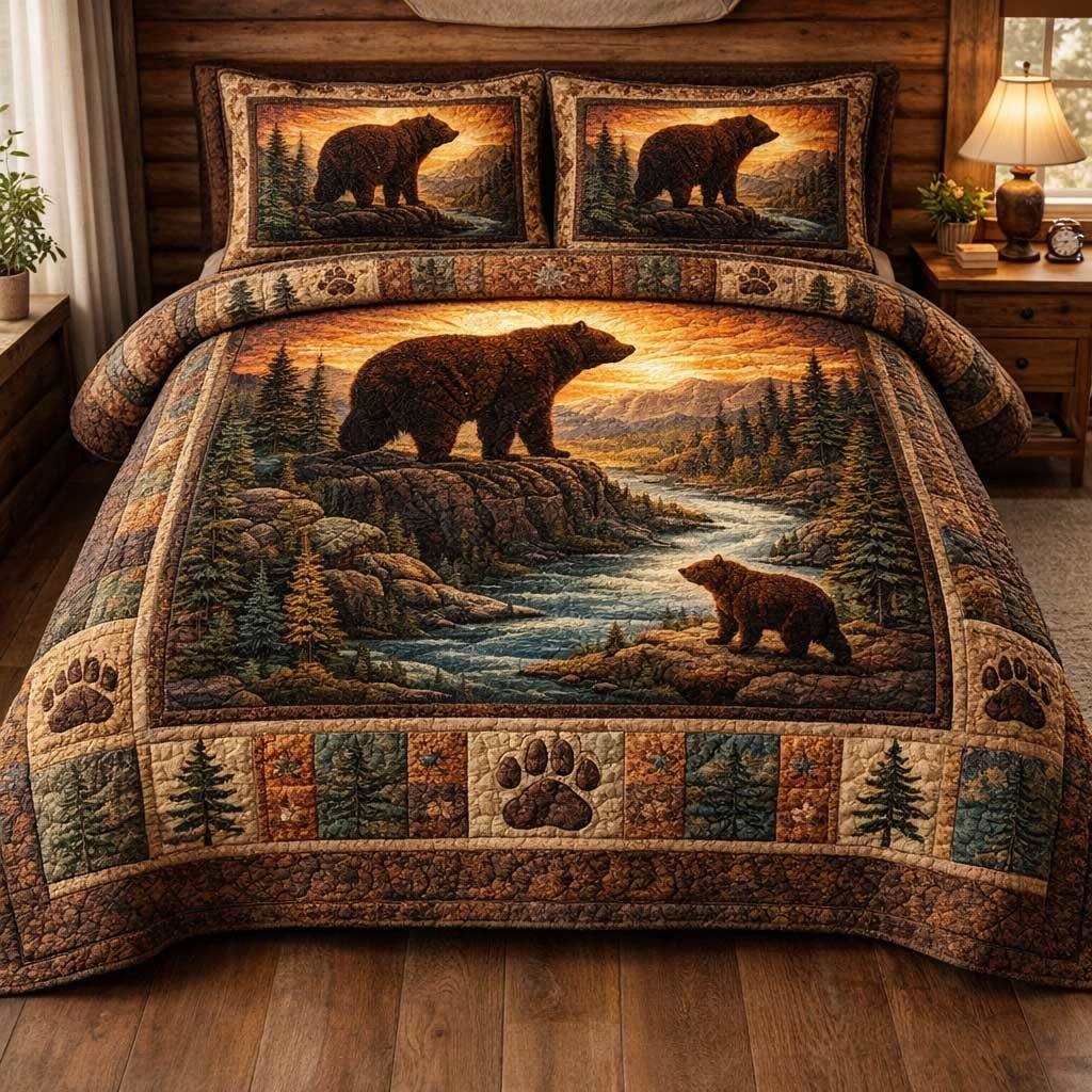 Rustic Bear quilted 3-piece bedding set on a made bed in a farmhouse bedroom