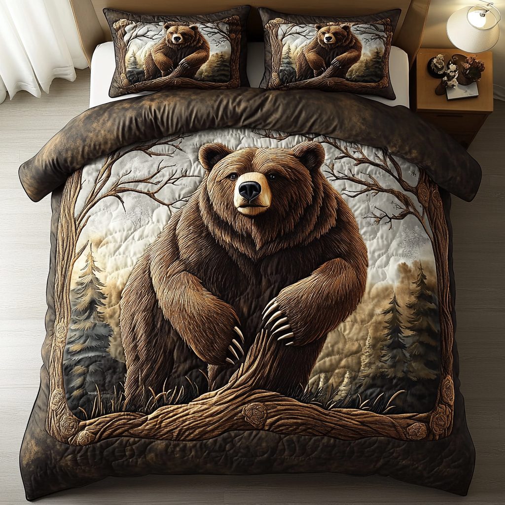 Rustic Bear quilted 3-piece bedding set on a made bed in a farmhouse bedroom