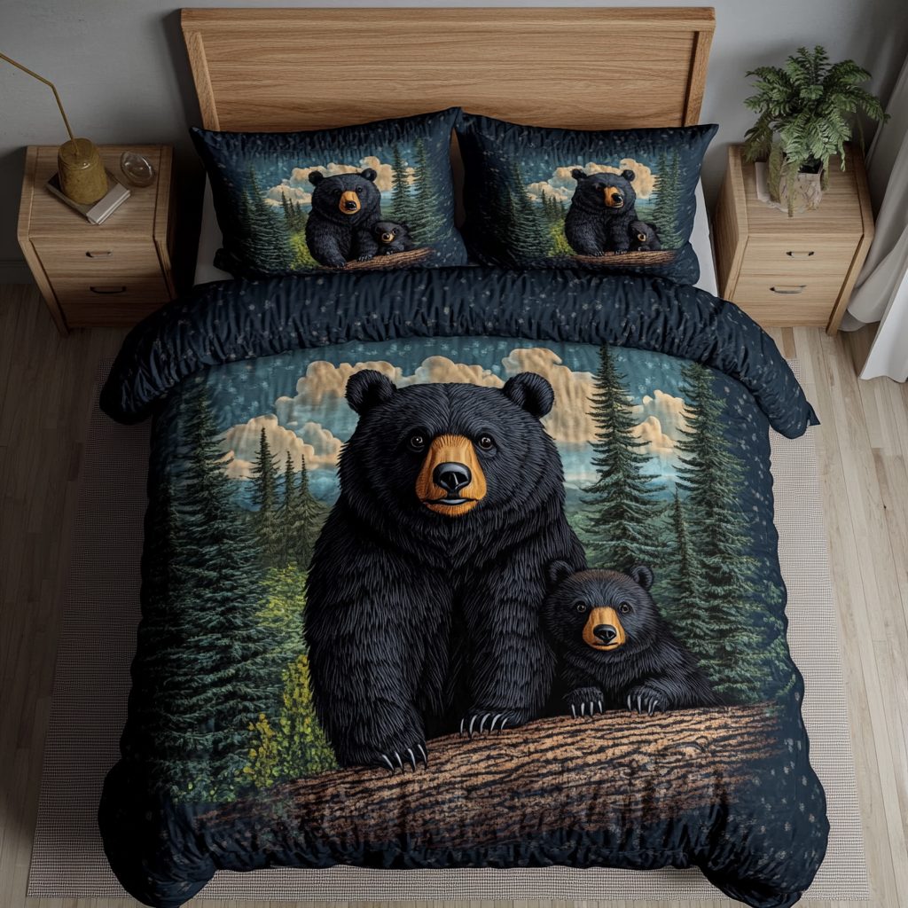 Rustic Bear quilted 3-piece bedding set on a made bed in a farmhouse bedroom