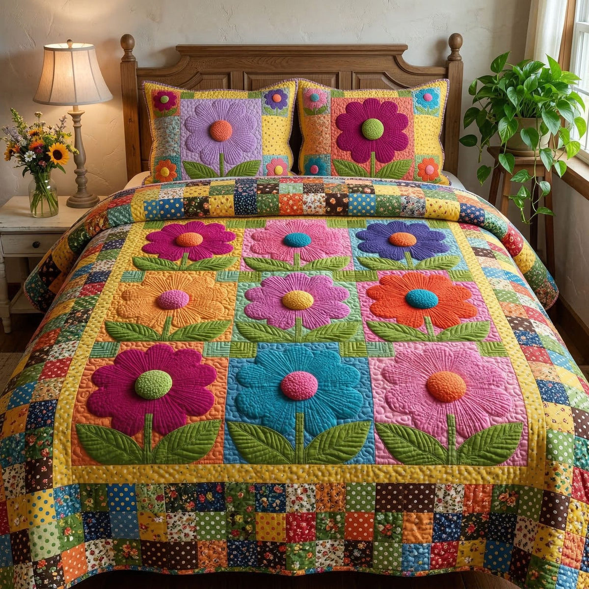 Rustic Bloom Garden quilted 3-piece bedding set on a made bed in a farmhouse bedroom