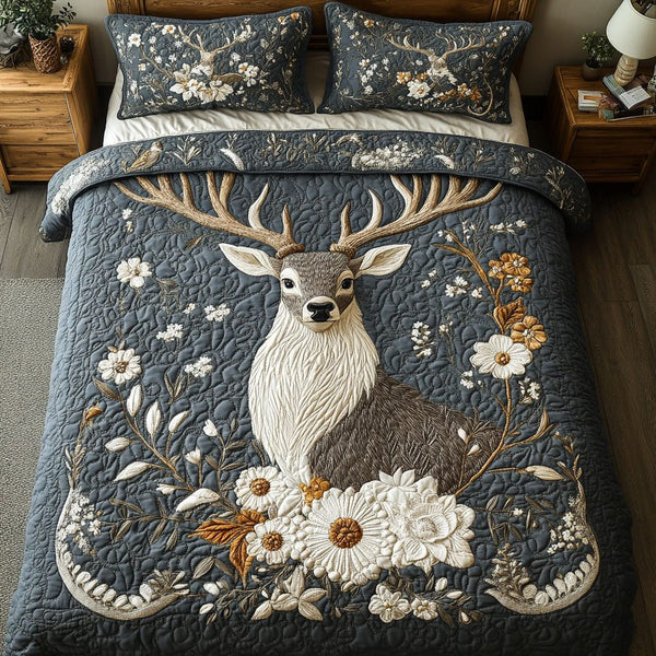Rustic Bloom Haven quilted 3-piece bedding set on a made bed in a farmhouse bedroom