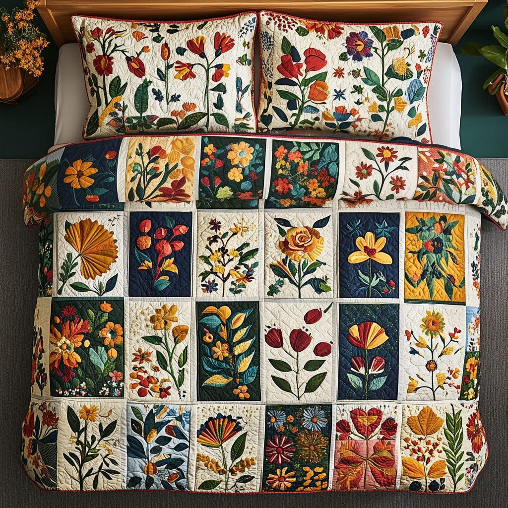 Rustic Blooms quilted 3-piece bedding set on a made bed in a farmhouse bedroom