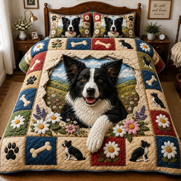 Rustic Border Collie quilted 3-piece bedding set on a made bed in a farmhouse bedroom