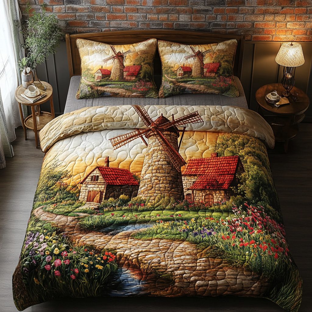 Rustic Breeze quilted 3-piece bedding set on a made bed in a farmhouse bedroom