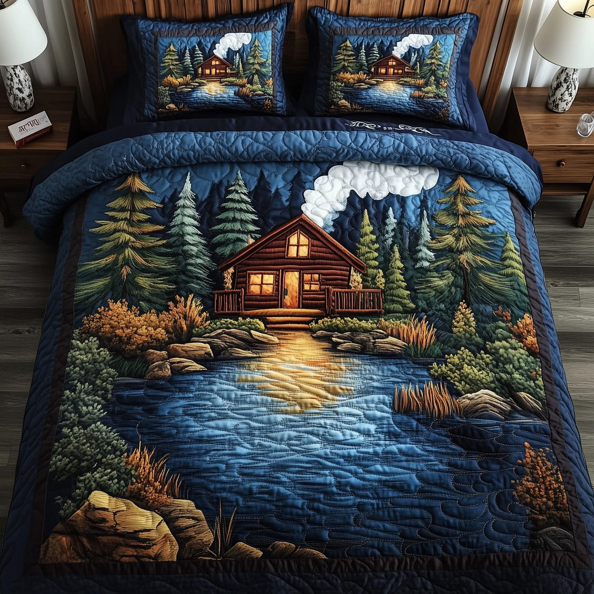 Rustic Cabin quilted 3-piece bedding set on a made bed in a farmhouse bedroom