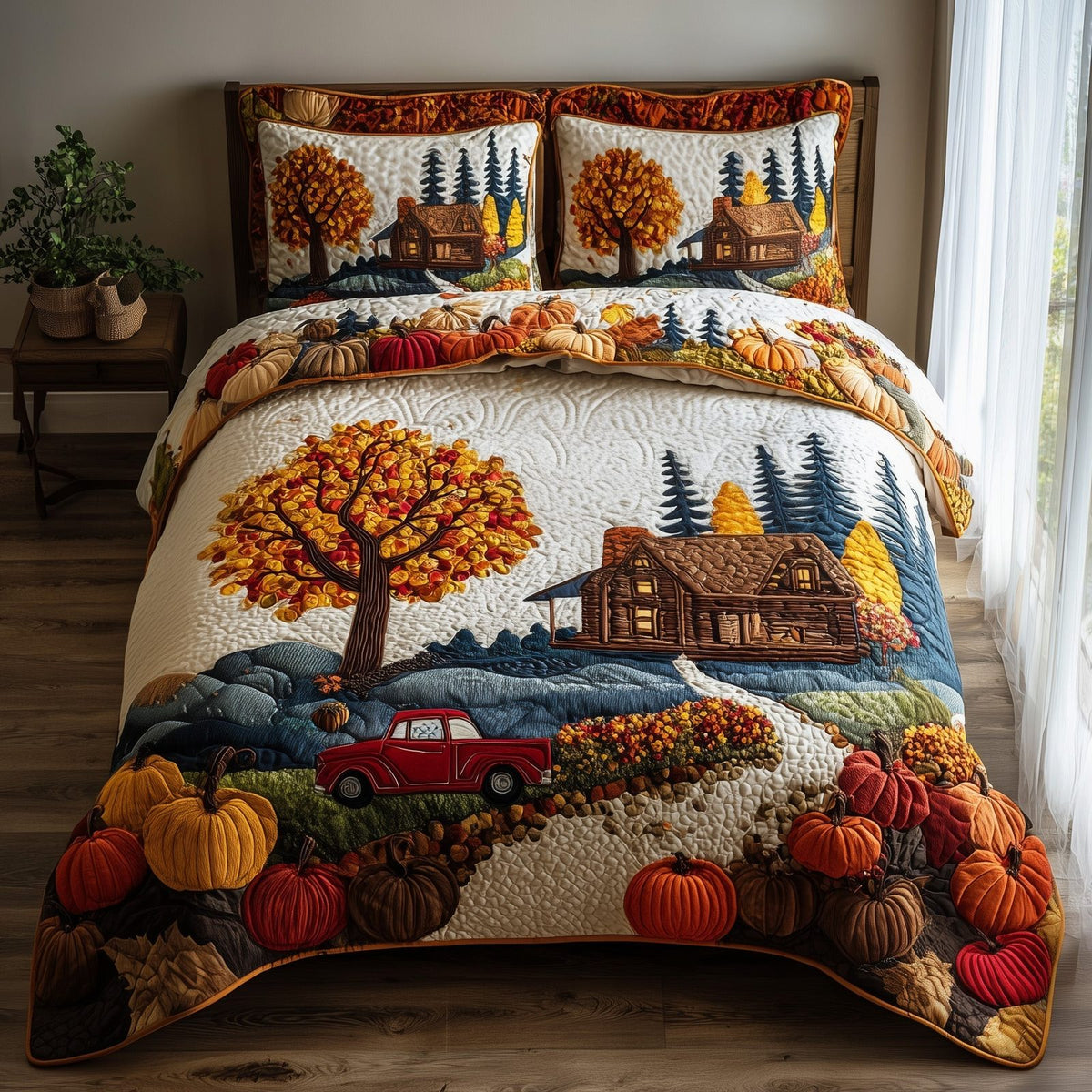 Rustic Cabin quilted 3-piece bedding set on a made bed in a farmhouse bedroom