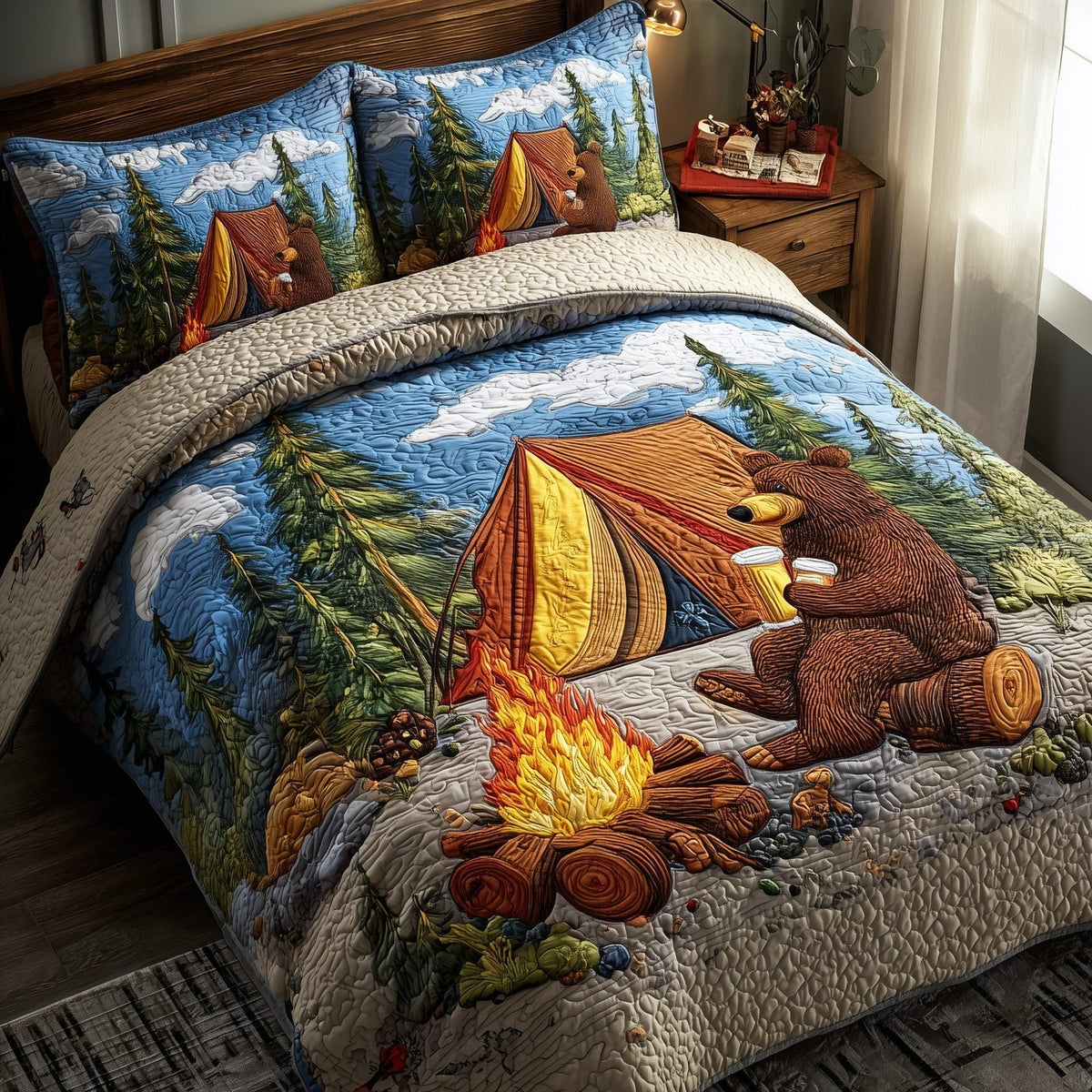Rustic Campfire quilted 3-piece bedding set on a made bed in a farmhouse bedroom