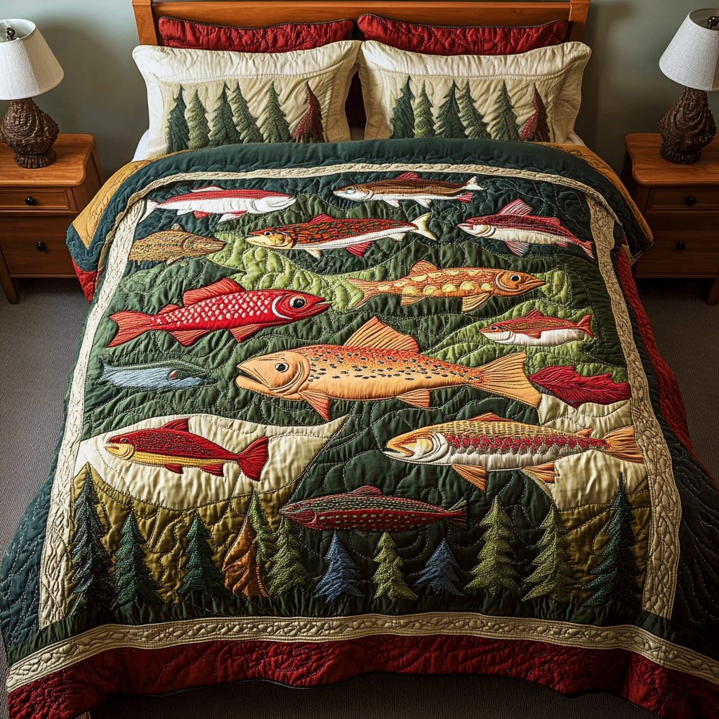 Rustic Catch quilted 3-piece bedding set on a made bed in a farmhouse bedroom