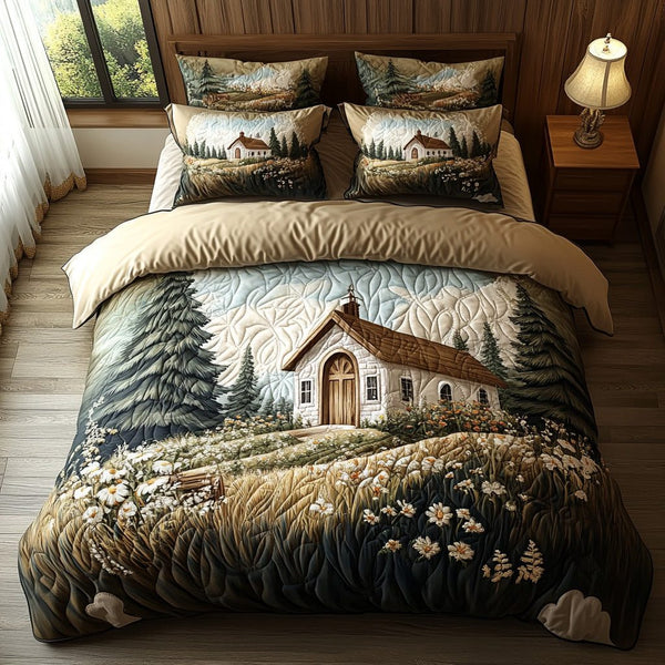 Rustic Chapel quilted 3-piece bedding set on a made bed in a softly lit bedroom