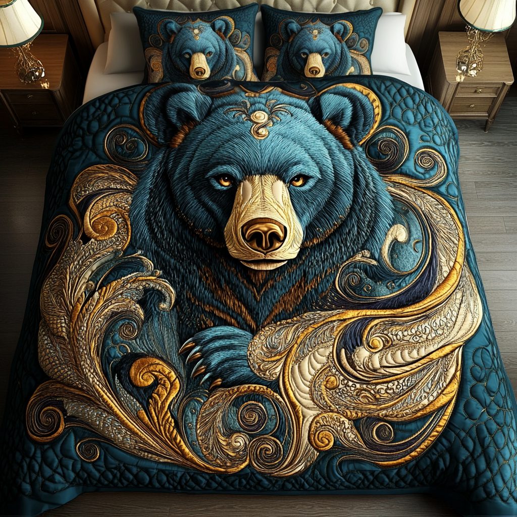 Rustic Charm quilted 3-piece bedding set on a made bed in a farmhouse bedroom