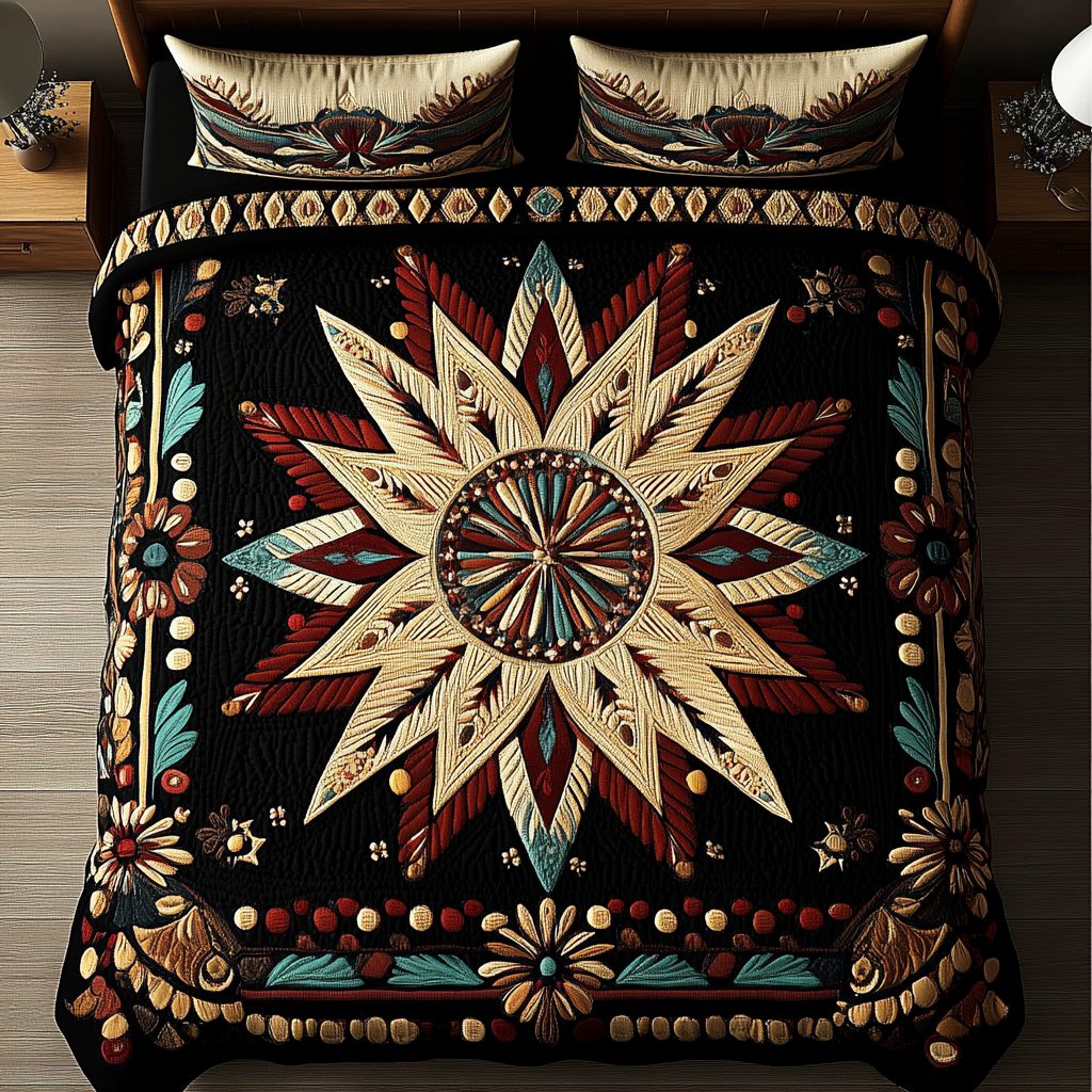 Rustic Charm quilted 3-piece bedding set on a made bed in a farmhouse bedroom