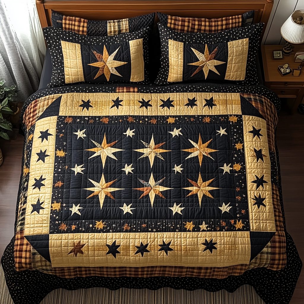 Rustic Charm quilted 3-piece bedding set on a made bed in a farmhouse bedroom