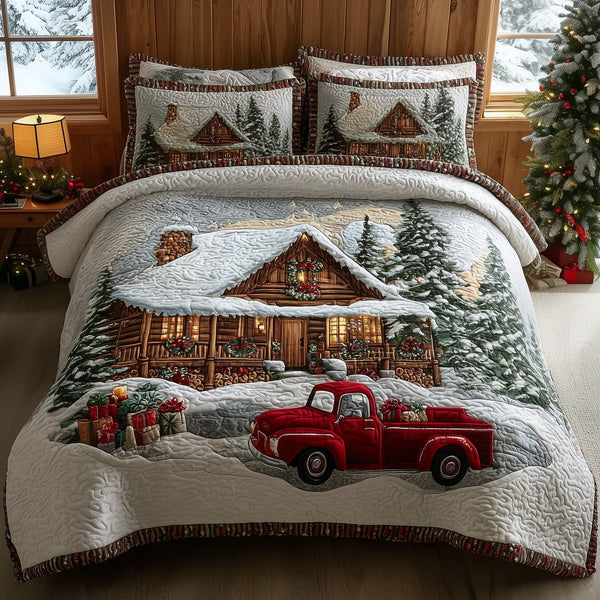 Rustic Christmas Haven quilted 3-piece bedding set on a made bed in a winter-styled bedroom