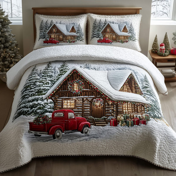 Rustic Christmas Haven quilted 3-piece bedding set on a made bed in a winter-styled bedroom