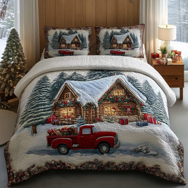 Rustic Christmas Haven quilted 3-piece bedding set on a made bed in a winter-styled bedroom
