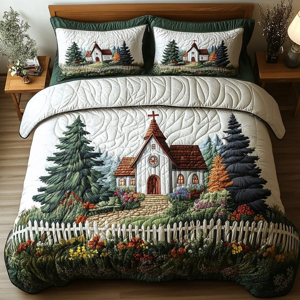 Rustic Church quilted 3-piece bedding set on a made bed in a farmhouse bedroom