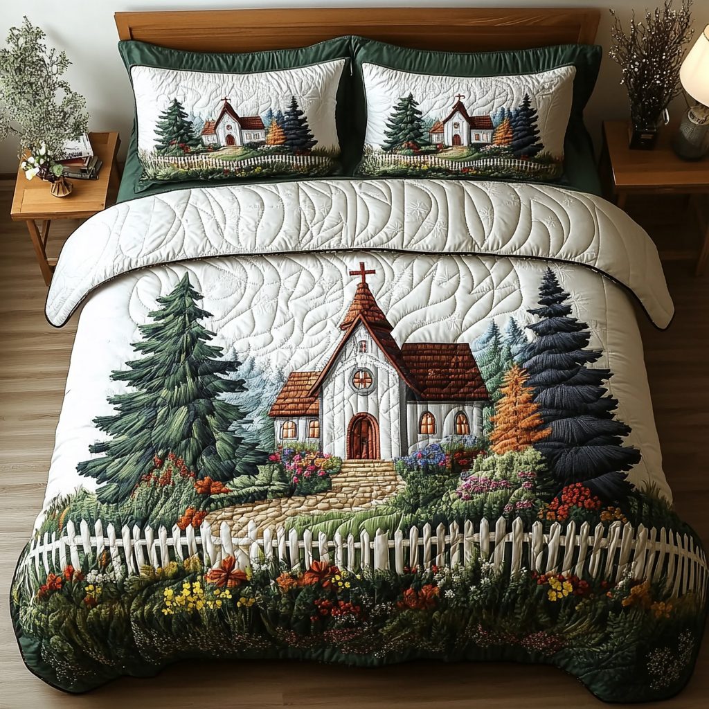 Rustic Church quilted 3-piece bedding set on a made bed in a farmhouse bedroom