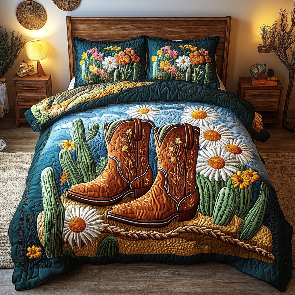 Rustic Cowboy Retreat quilted 3-piece bedding set on a made bed in a rustic timber bedroom