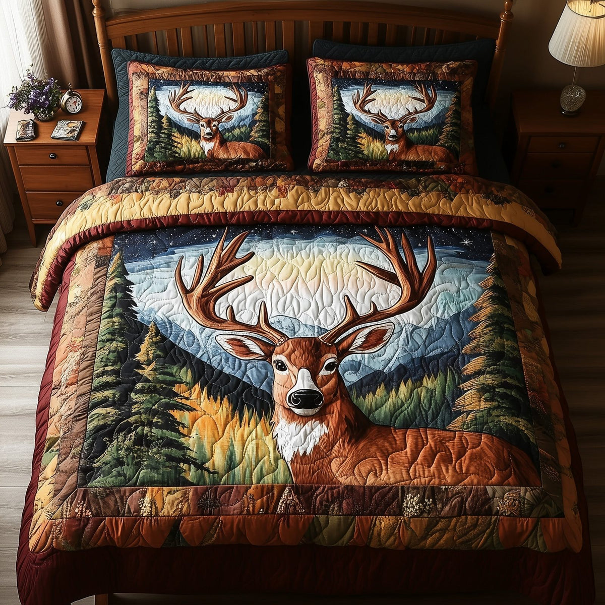 Rustic Deer quilted 3-piece bedding set on a made bed in a farmhouse bedroom