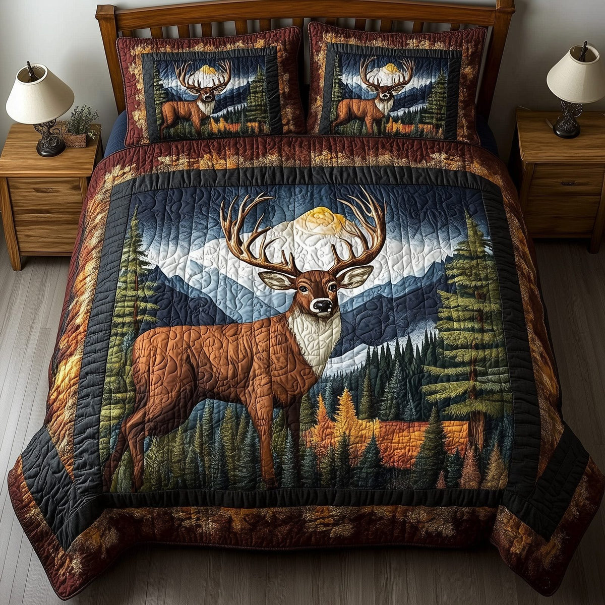Rustic Deer quilted 3-piece bedding set on a made bed in a farmhouse bedroom