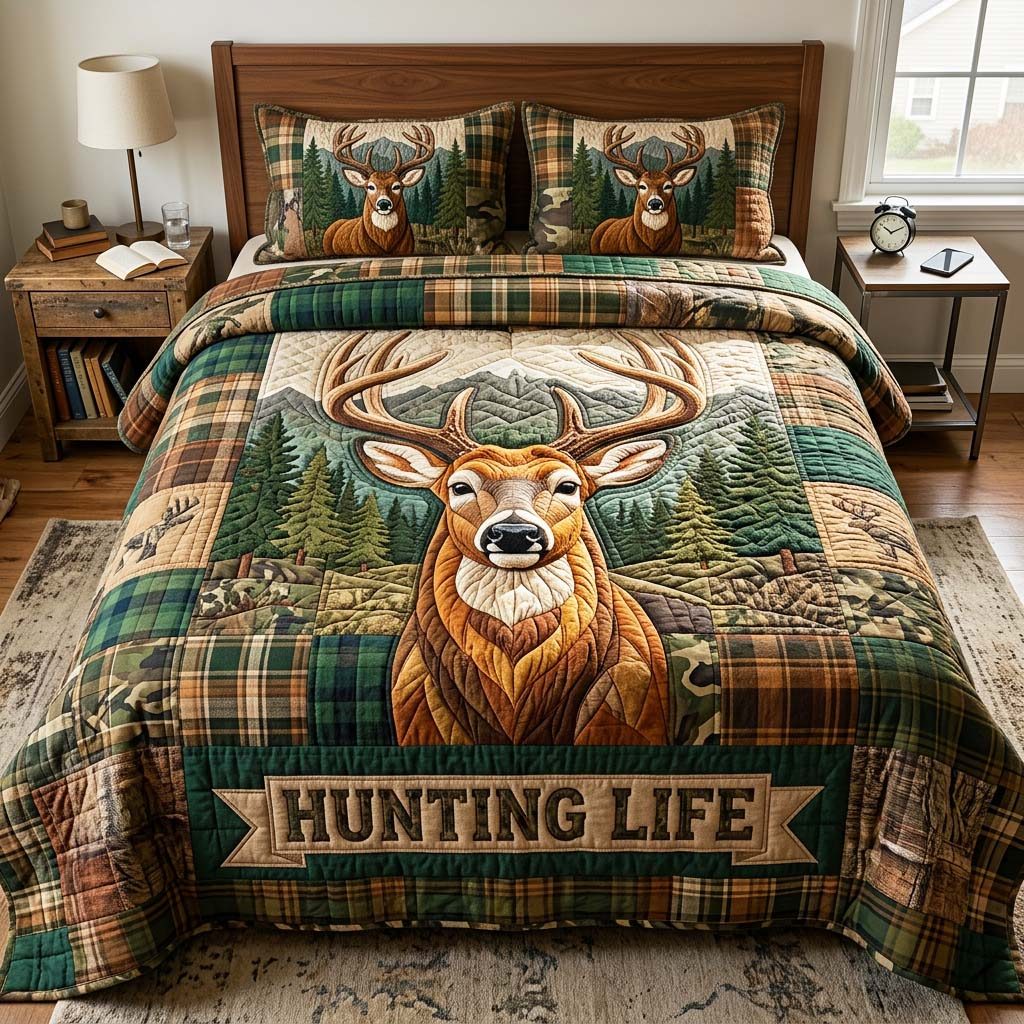Rustic Deer quilted 3-piece bedding set on a made bed in a farmhouse bedroom