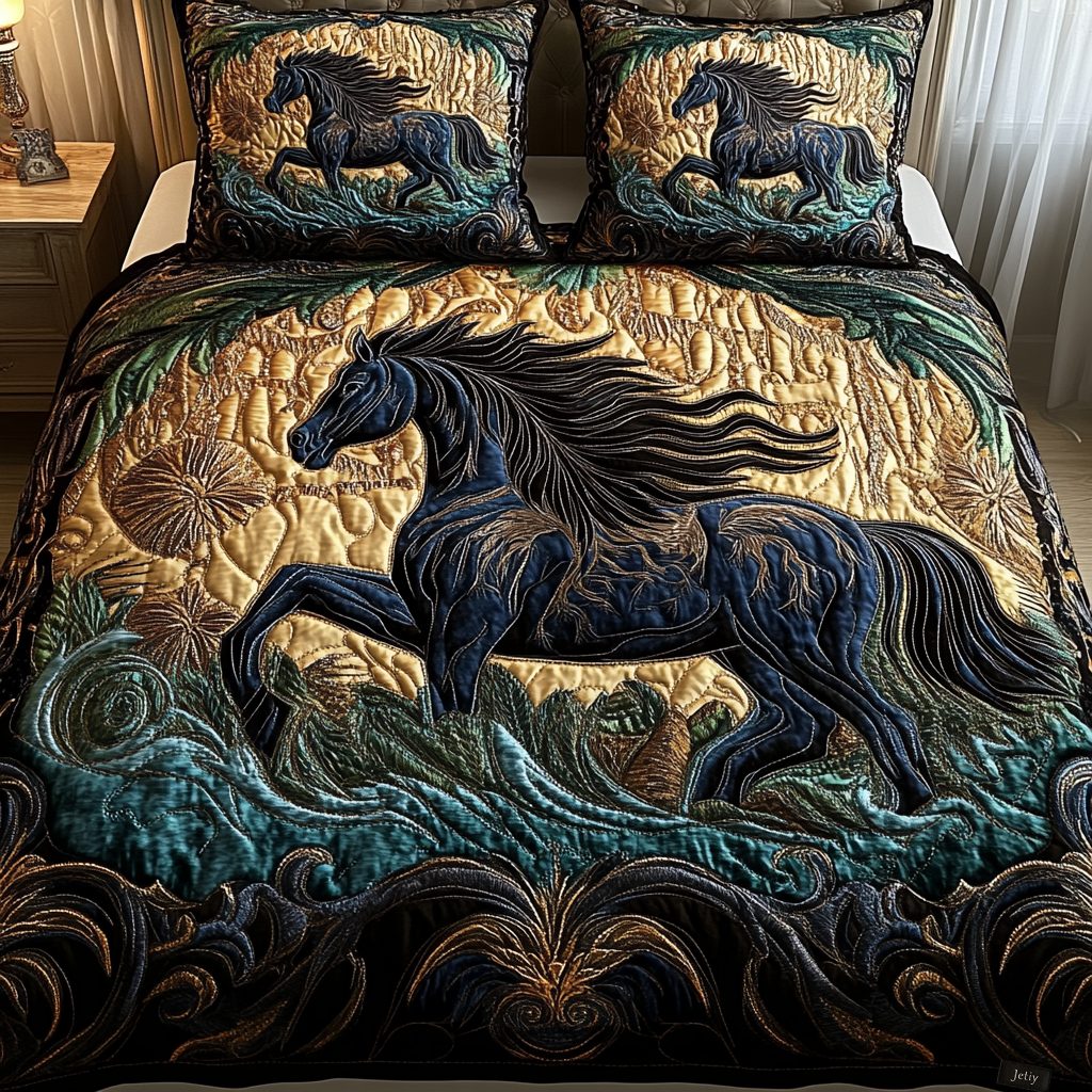 Rustic Elegance quilted 3-piece bedding set on a made bed in a farmhouse bedroom