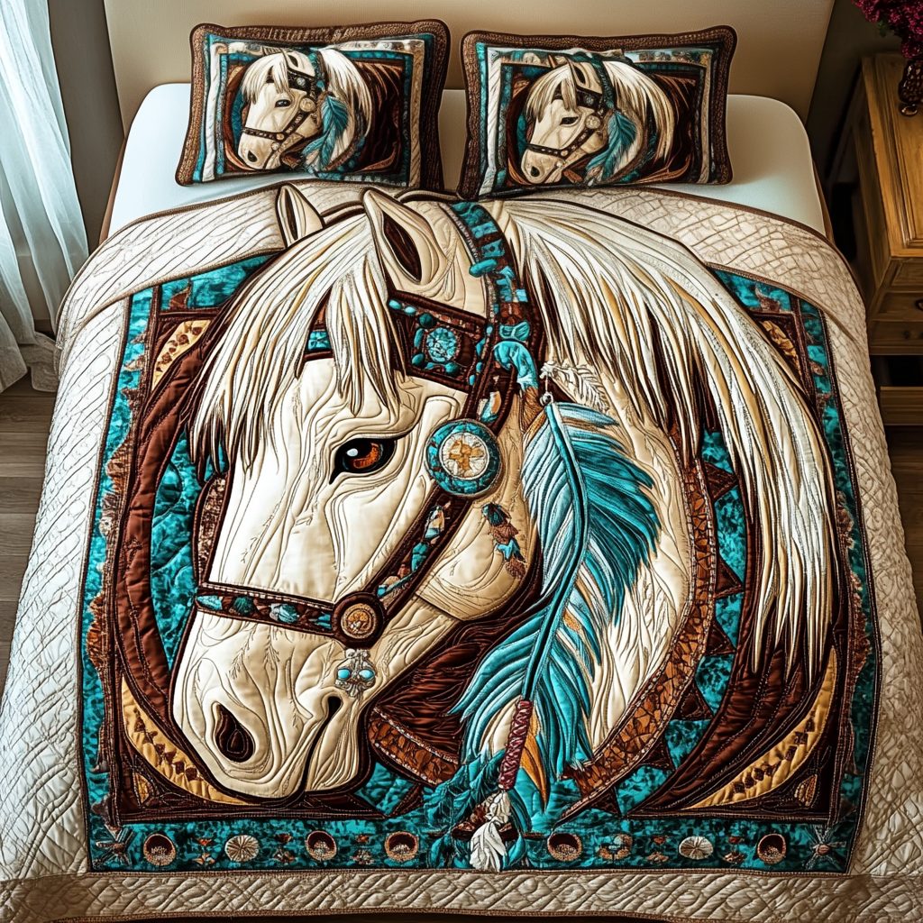 Rustic Elegance quilted 3-piece bedding set on a made bed in a farmhouse bedroom