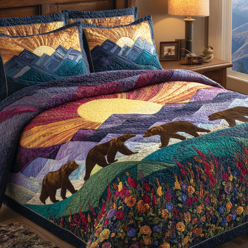 Rustic Escape quilted 3-piece bedding set on a made bed in a farmhouse bedroom
