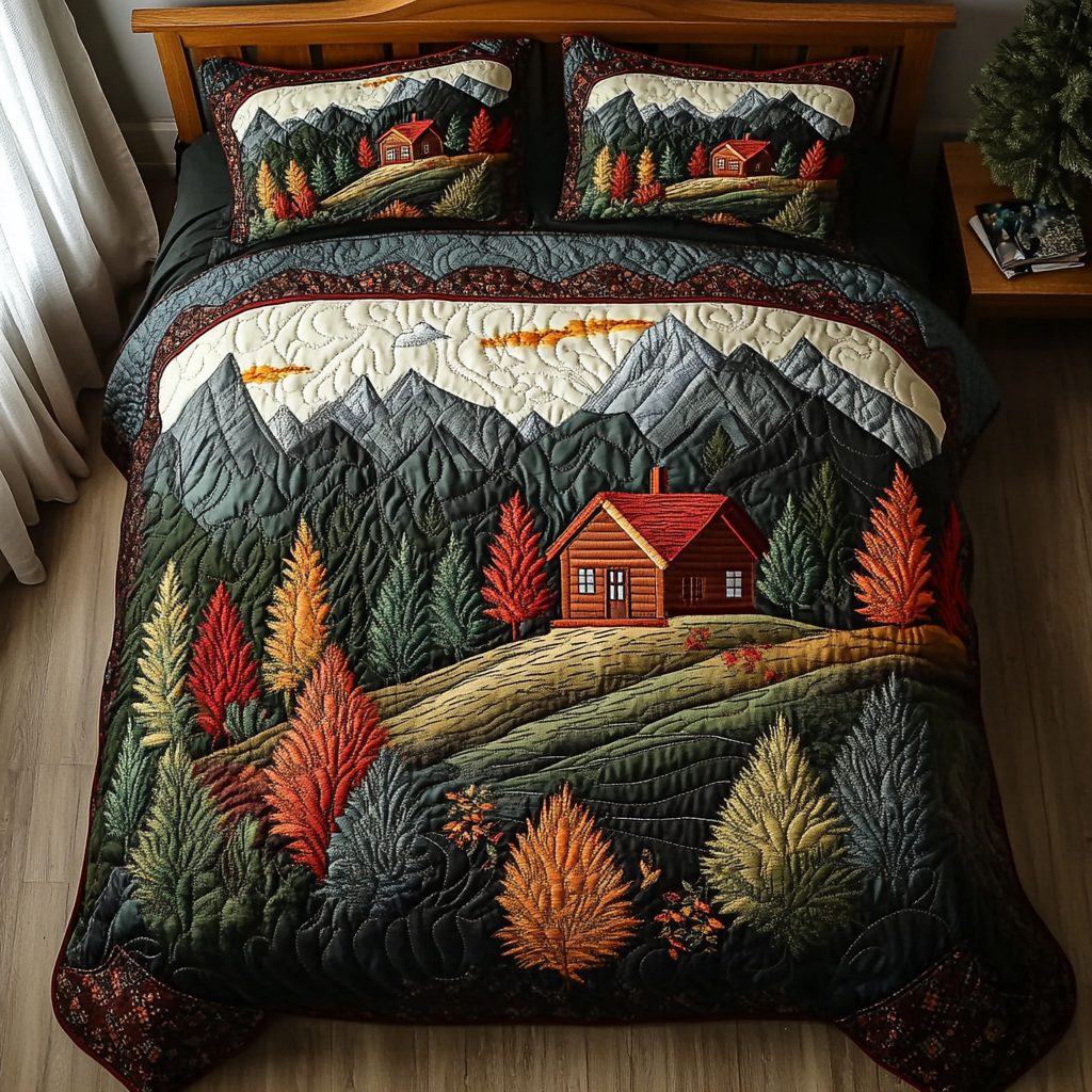 Rustic Escape quilted 3-piece bedding set on a made bed in a farmhouse bedroom