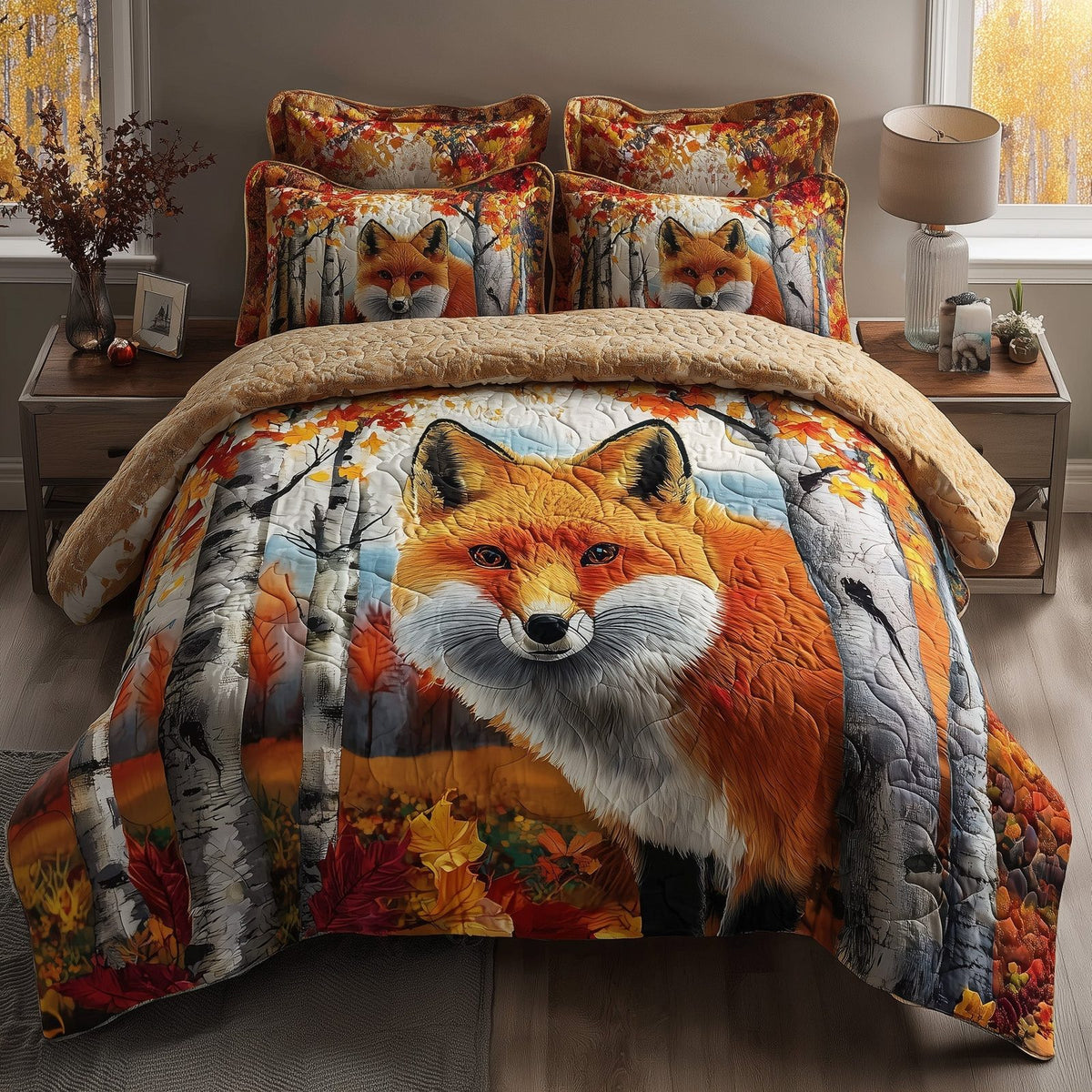 Rustic Fall Fox quilted 3-piece bedding set on a made bed in a farmhouse bedroom