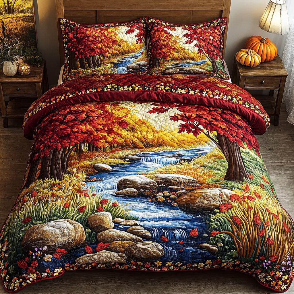 Rustic Falls quilted 3-piece bedding set on a made bed in a farmhouse bedroom