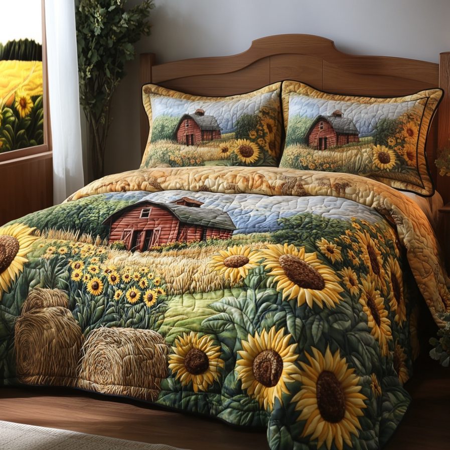 Rustic Farm quilted 3-piece bedding set on a made bed in a farmhouse bedroom