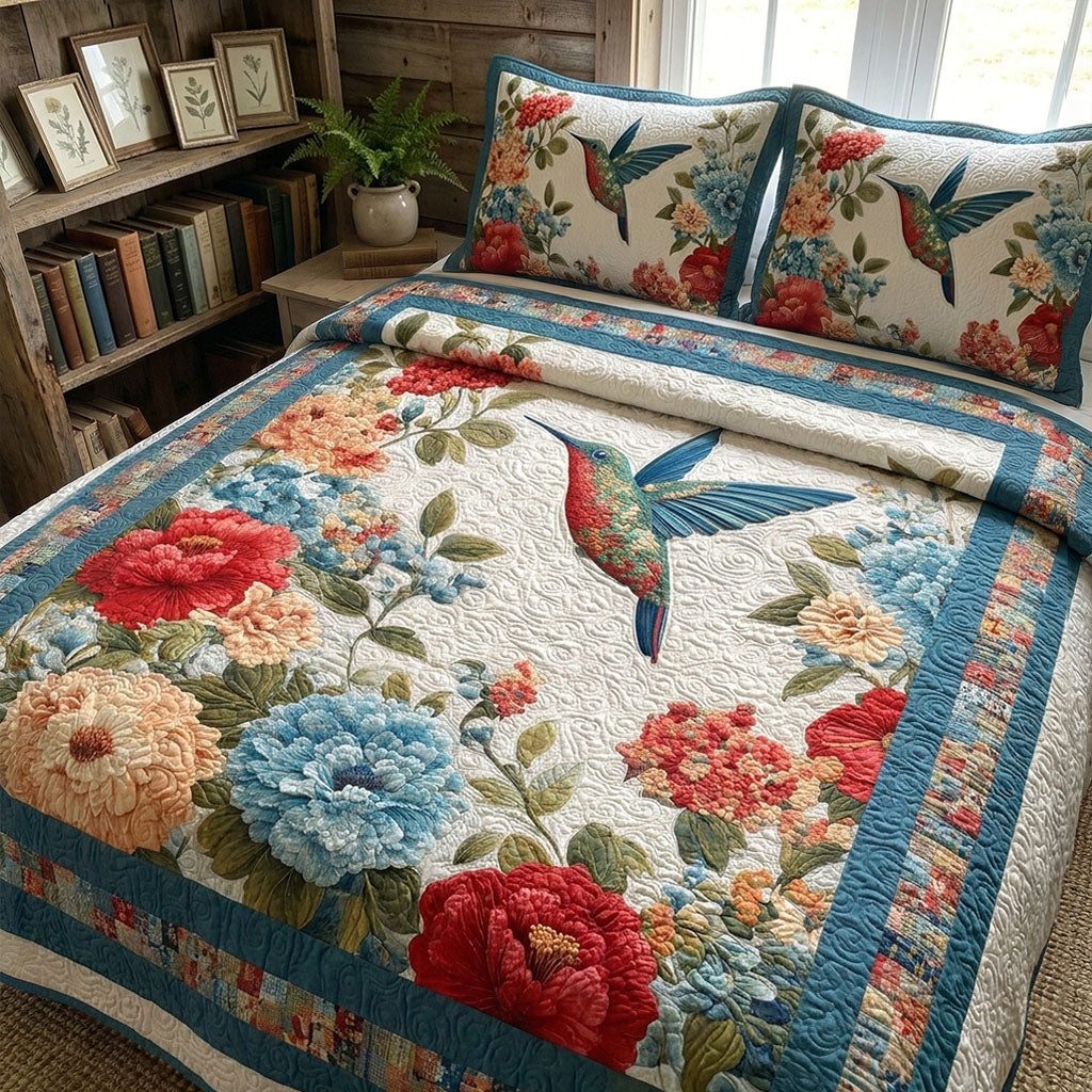Rustic Flight Garden quilted 3-piece bedding set on a made bed in a farmhouse bedroom